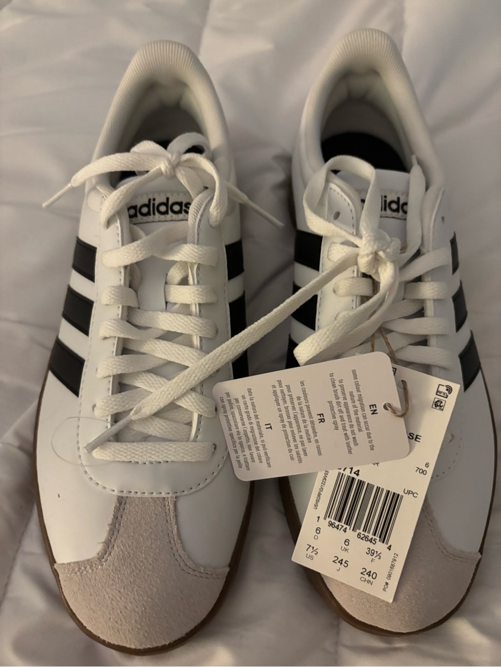 adidas Women’s White Sneakers with Black Stripes and Beige Toe